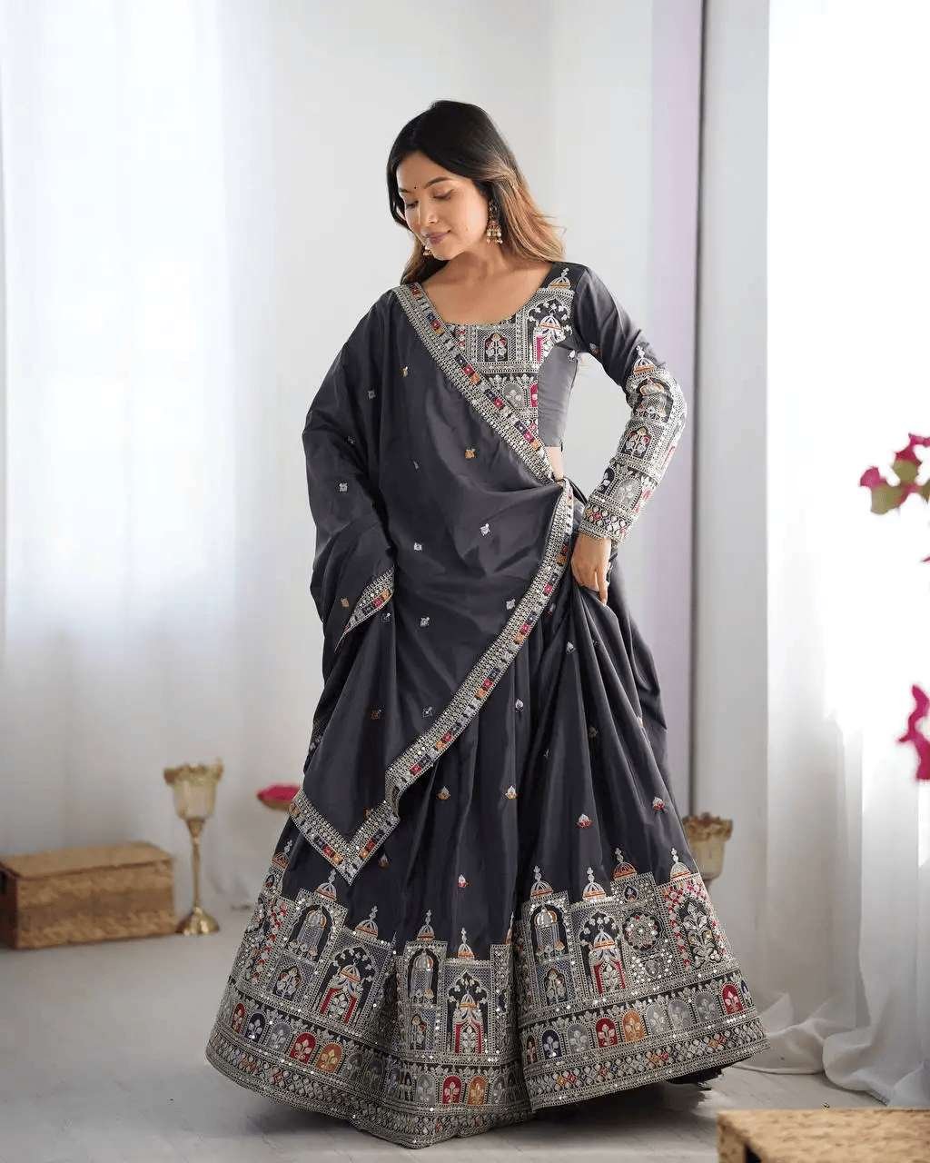 Women's Crepe Silk Sequence Embroidery and Zari Work Rajsthani Lehenga Choli with Dupatta - Image 6